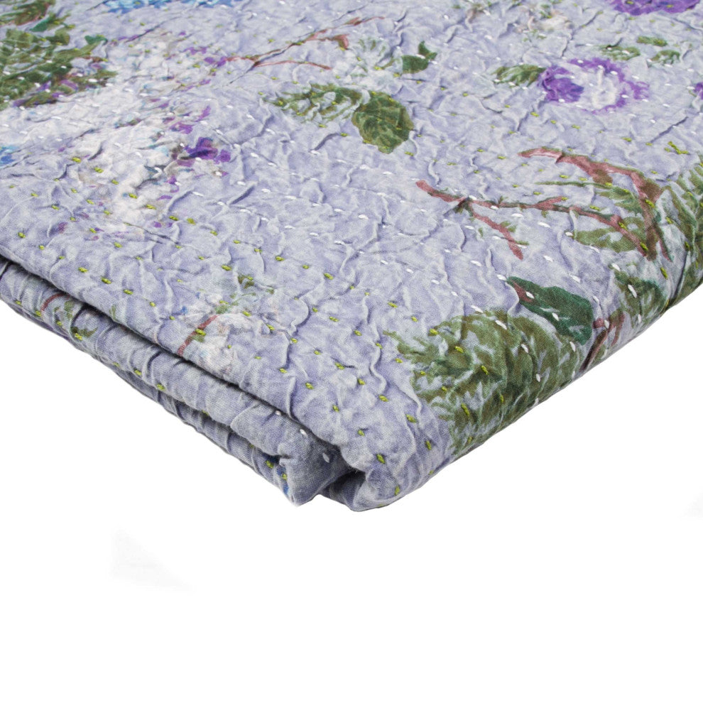 50" X 70" Yellow and Gray Kantha Cotton Floral Throw Blanket