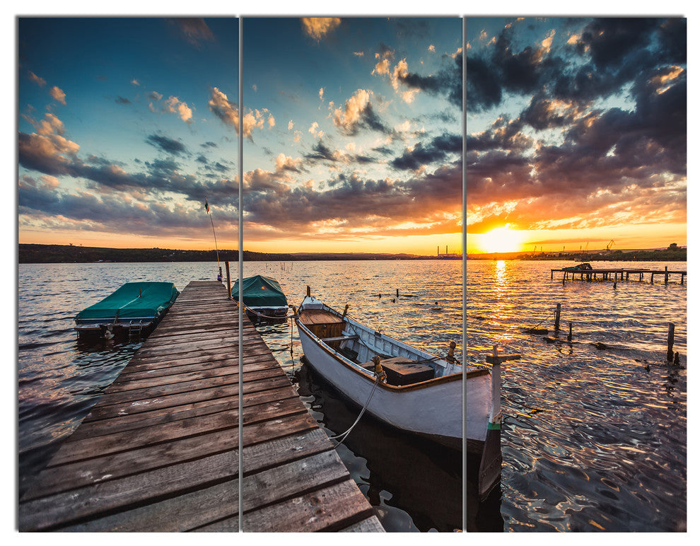Boats and Jetty under Dramatic Sky, Modern Triptych Canvas Art, 36x28, 3 Panels
