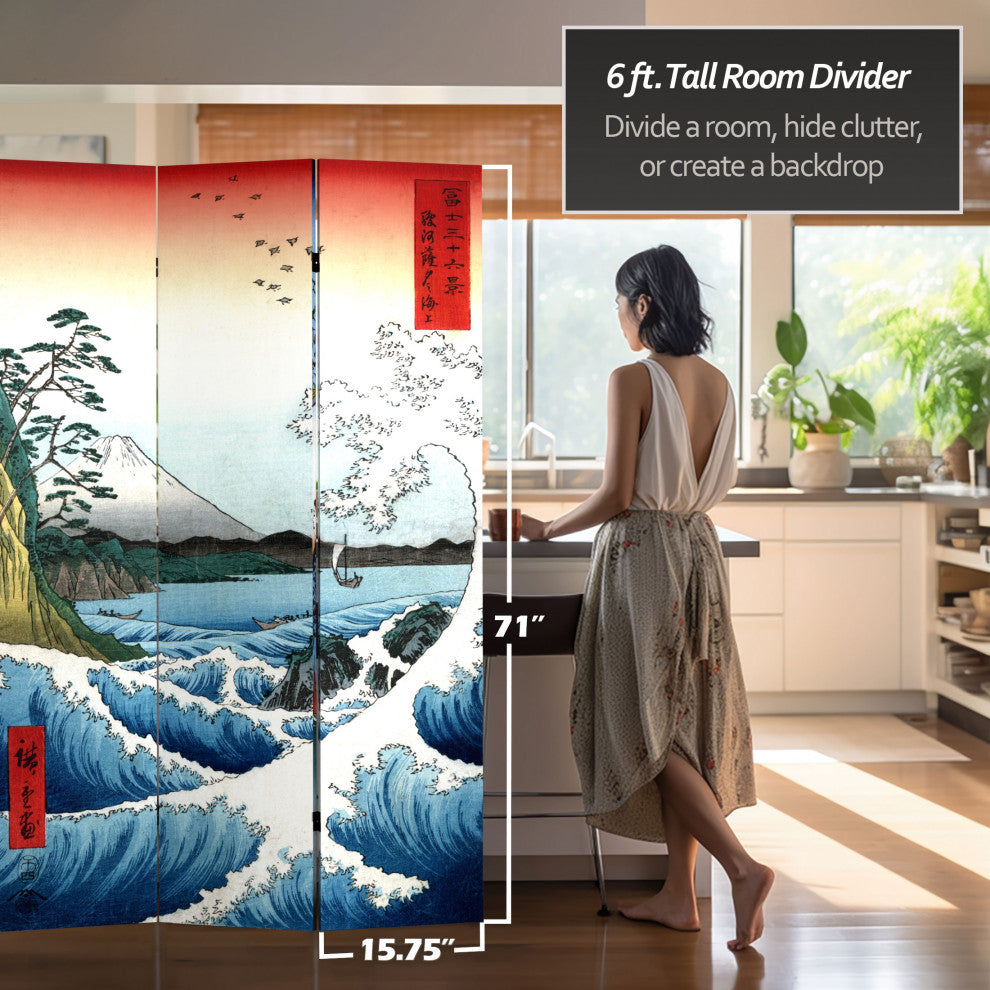 6' Tall Double Sided Hiroshige Room Divider, Sea at Satta/Teahouse