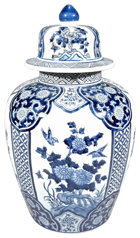 17" Porcelain Ginger Jar With Floral Design, Blue and White