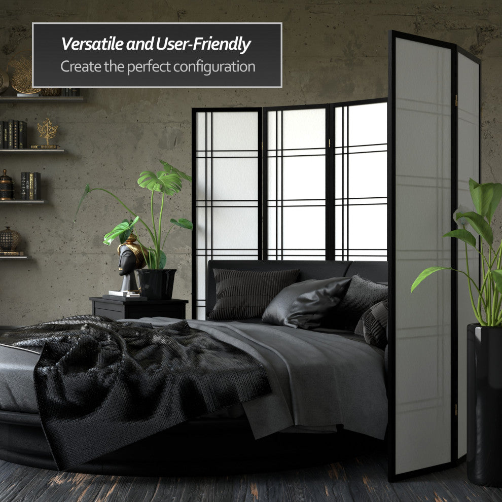 6' Tall Double Cross Shoji Screen, Black, 4 Panels