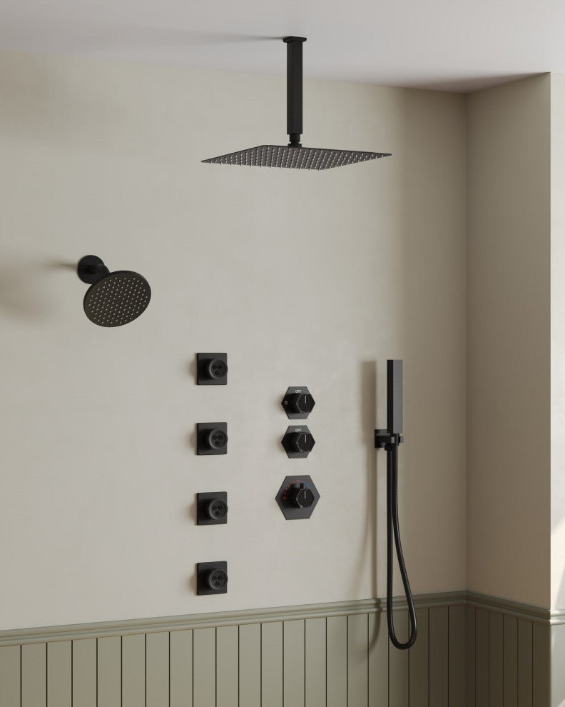 Themostatic Shower System 12" High-Pressure Dual Heads, Matte Black