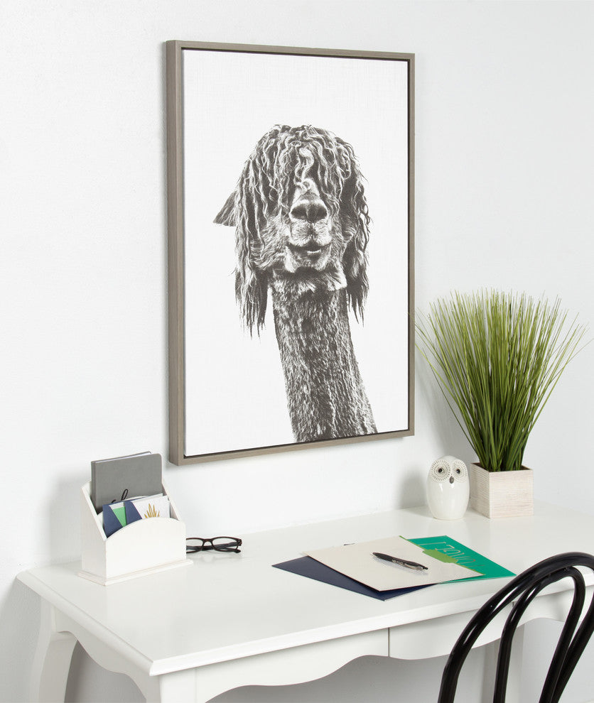 Sylvie Curly Hair Alpaca Animal Portrait Framed Canvas Wall Art, Gray