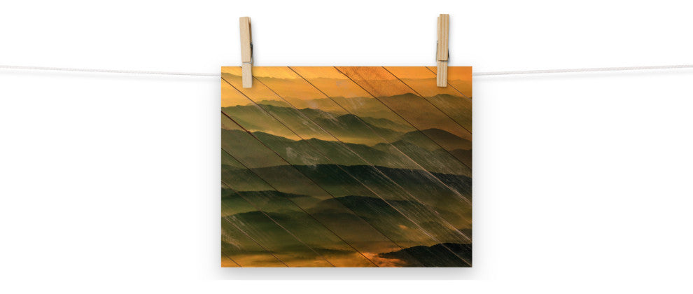 Faux Wood Foggy Mountain Layers at Sunset Landscape Unframed Wall Art Prints, 8" X 10"