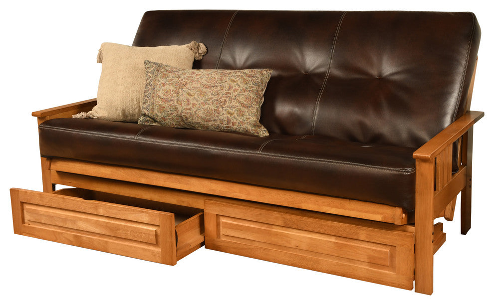 Caleb Frame Futon With Butternut Finish, Storage Drawers, Oregon Trail Java