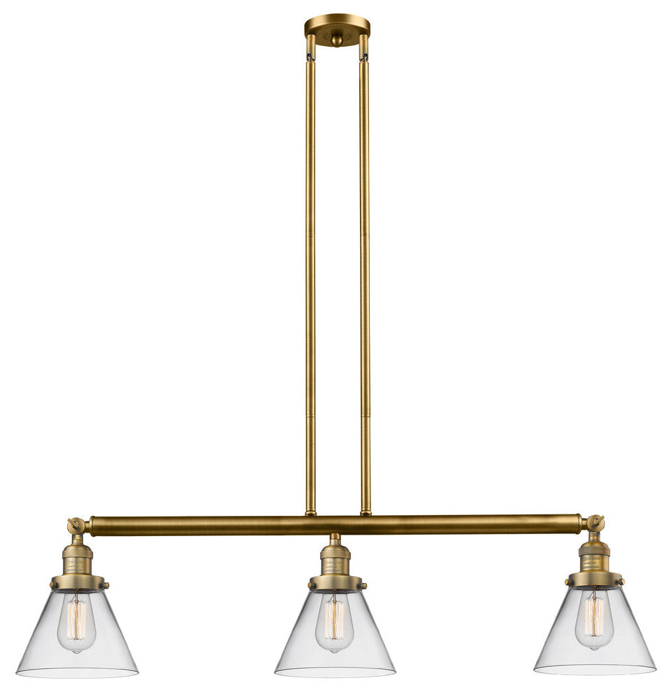 Large Cone 3-Light Island Light, Clear Glass, Brushed Brass