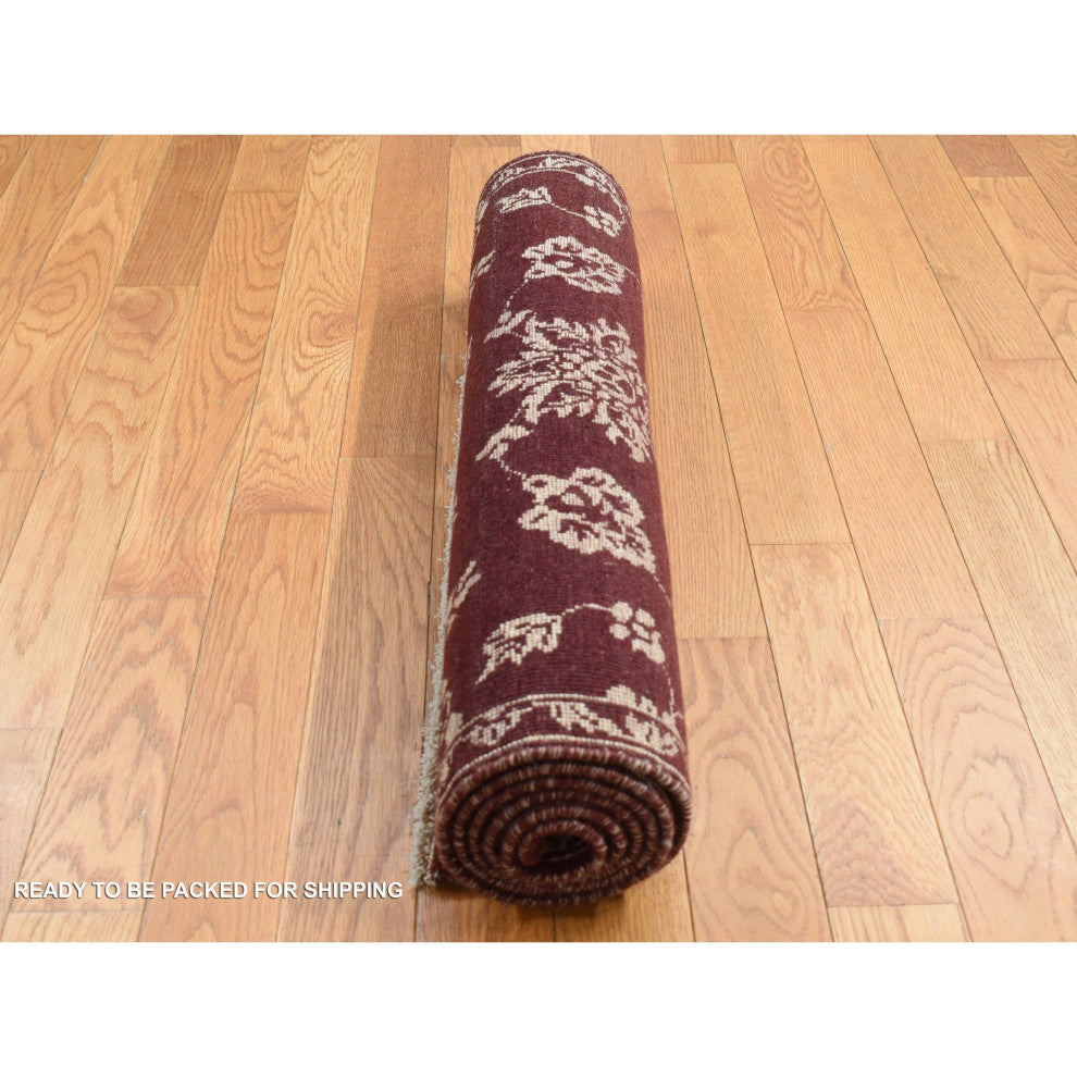 Sangria Red Pure Wool Abarasque Design Agra Hand Knotted Runner Rug 2'8" x 6'