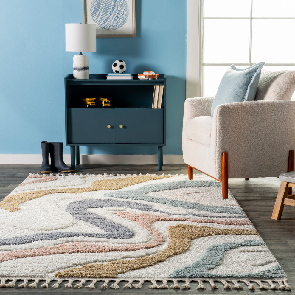 Nuloom Abstract Striped Kids Tassel Area Rug, Beige 5'x8'