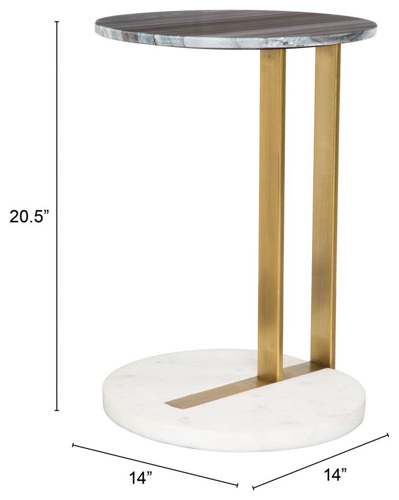 Sofa Side Table, Round, Artificial Marble, Iron Metal, Gray, Gold, White
