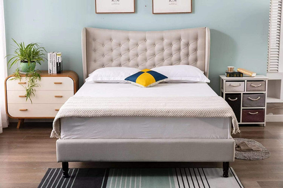 Contemporary 51" Tall Headboard Platform Bed with Slats, Beige, King