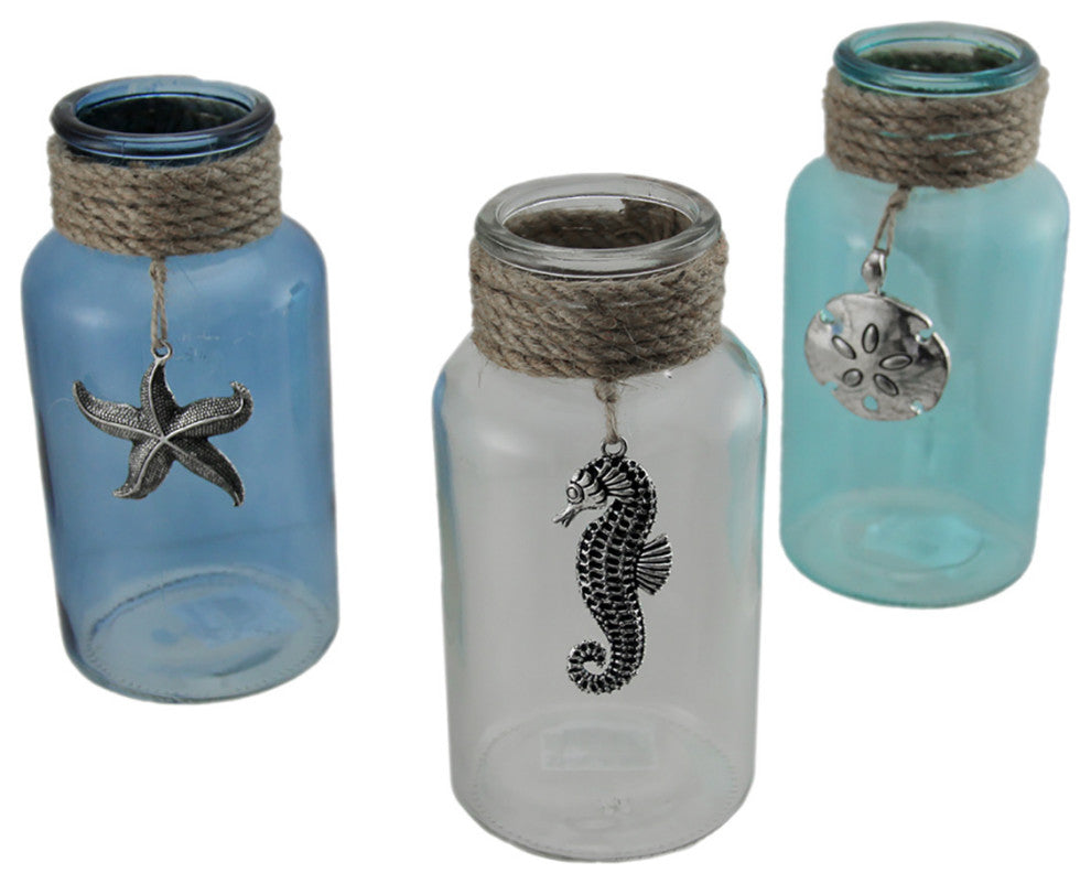 Blue Green and Clear 3 Piece Rope Wrapped Coastal Glass Vase Set