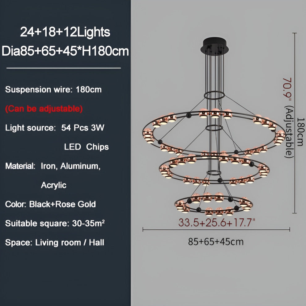 Irgoli | Ring Design LED Rose Gold Decor Hanging Chandelier for Living Room, 3 Rings, Cool Light, Non-Dimmable
