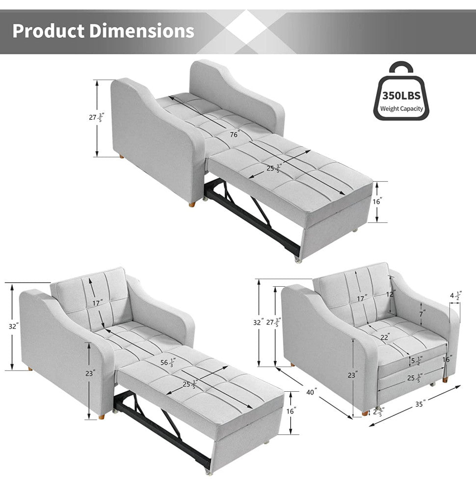 Homrest Sleeper Sofa Bed 3-in-1 Convertible Chair, Light Gray