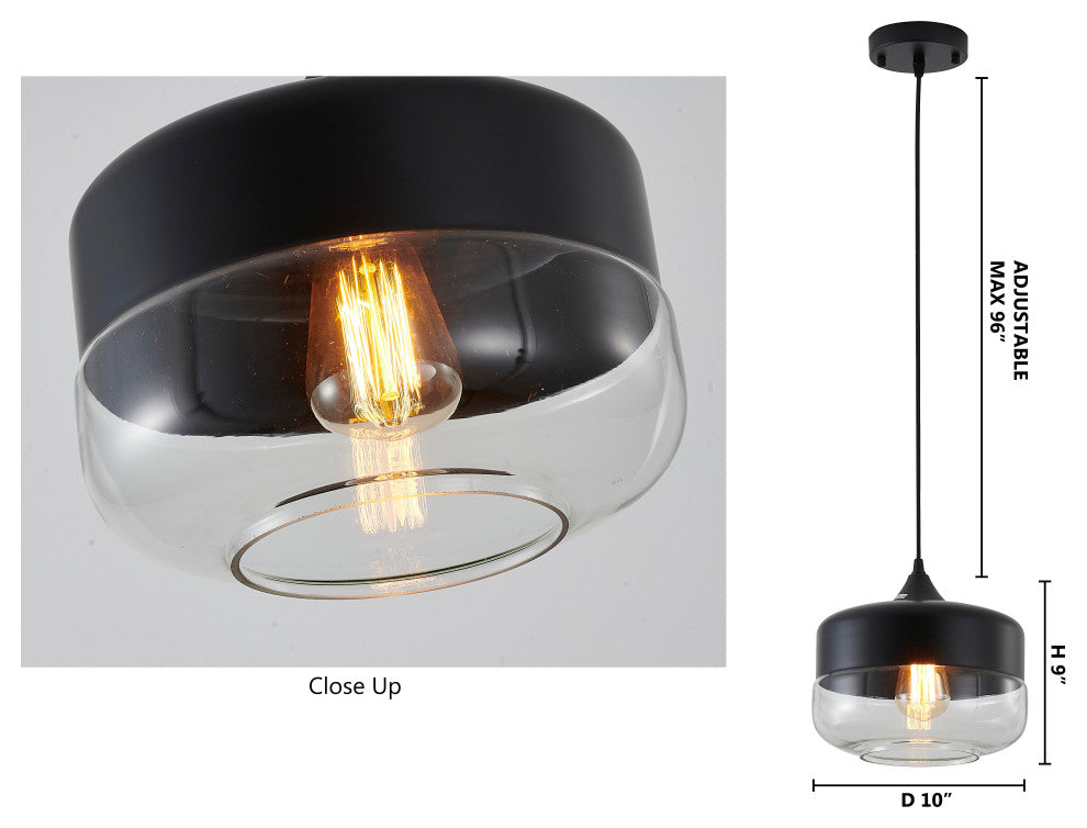 1-Light 10" Matte Black Metal Pendant With A Glass Shade