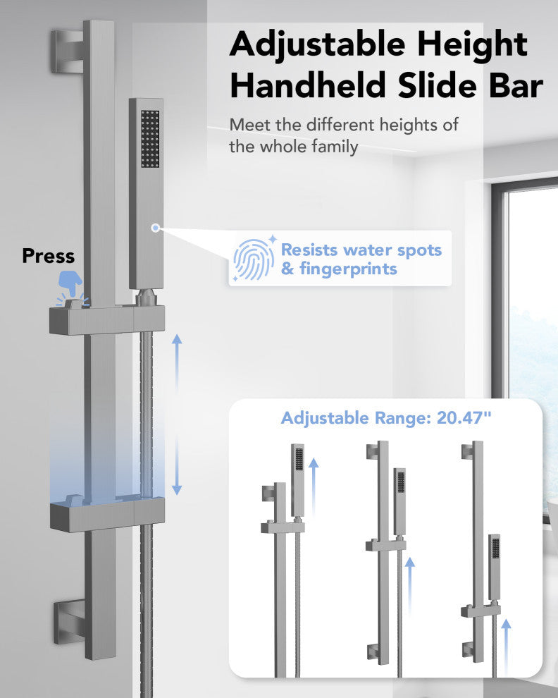 Thermostatic Shower Faucet 12" Rain Shower Head with Handheld Slide Bar System, Brushed Nickel