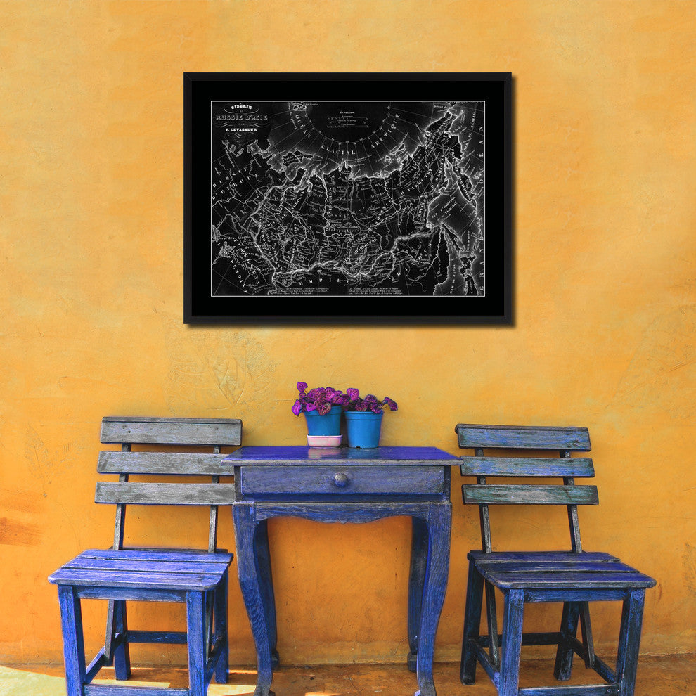 Siberia, Russia, Asia Old Monochrome Map Print On Canvas With Frame, 16" X 21"