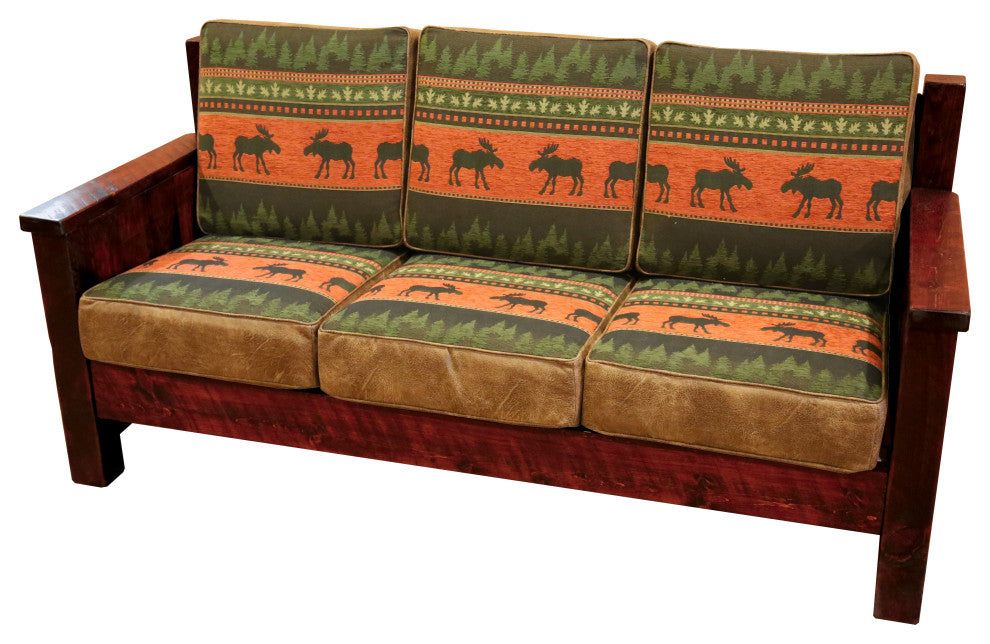 Barnwood Style Timber Peg Couch, Michael's Cherry, Casco Evergreen and Emerson Buff
