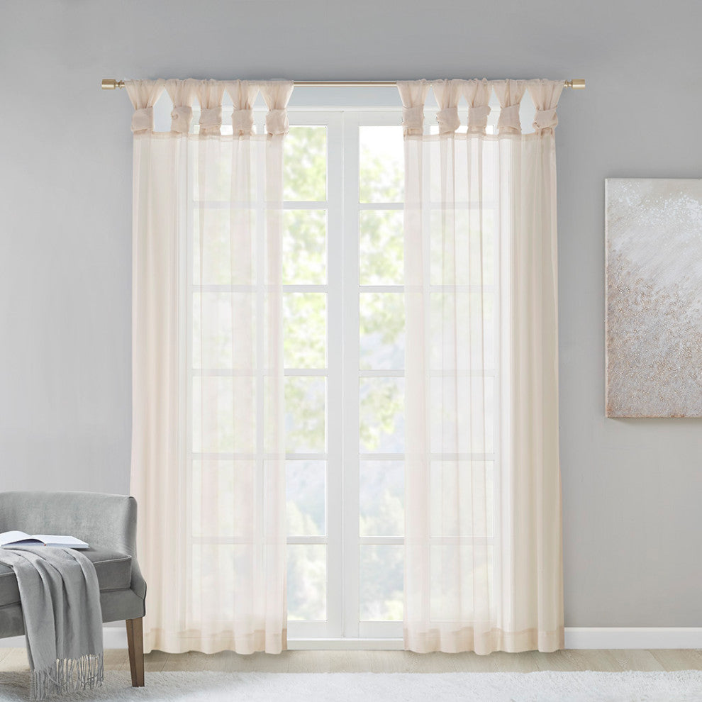 Madison Park Ceres Twist Tab Top Sheer Window Curtain Pair, Light Grey, Ivory, 50"w X 63"l