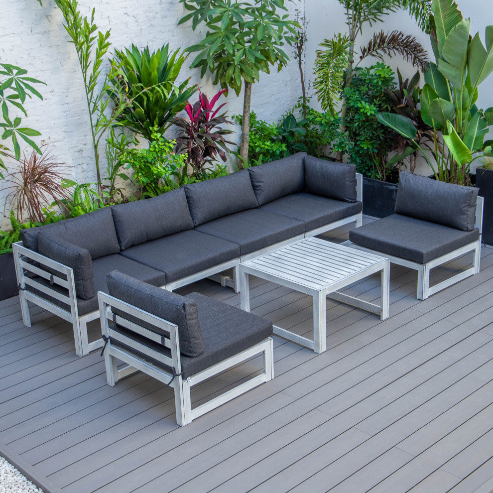LeisureMod Chelsea 7-Piece Gray Patio Sectional With Coffee Table, Black
