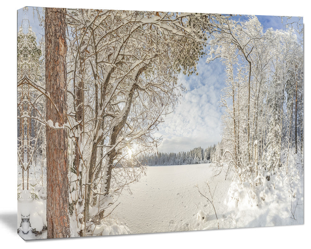 Lake in Winter Woods, Landscape Canvas Art Print, 20"x12"