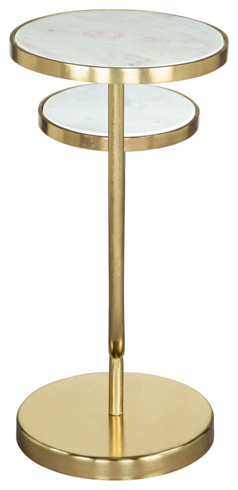 Sofa Side Table, Round, Artificial Marble, Iron Metal, White, Gold, Hospitality