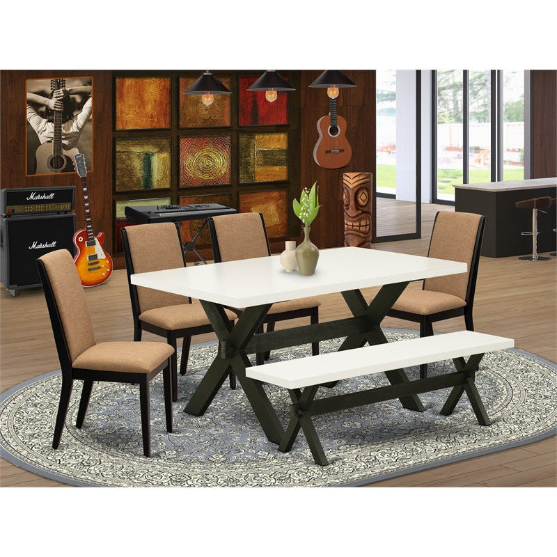 6-Piece Set Table Top and Kitchen Bench and 4 Chairs, Black