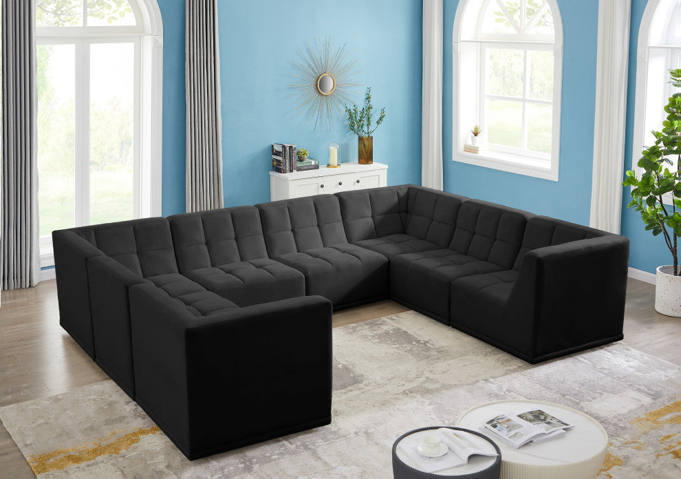 Relax Velvet Upholstered 8-Piece U-Shaped Modular Sectional, Black