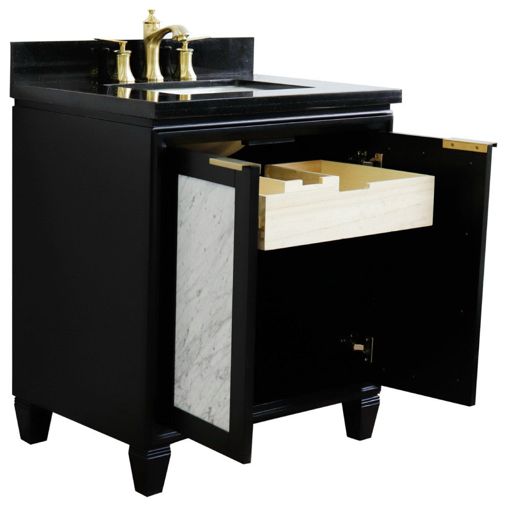 31" Single Sink Vanity, Black Finish With Black Galaxy Granite