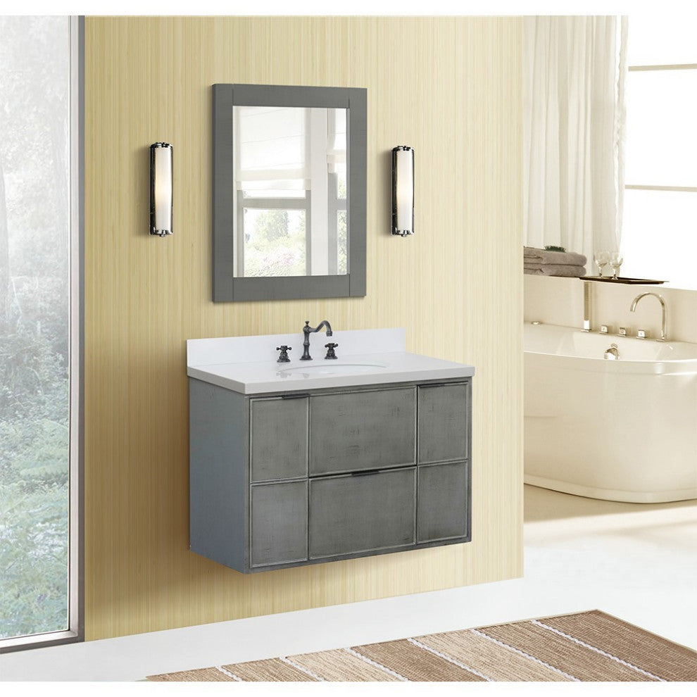 37" Single Wall Mount Vanity, Linen Gray Finish With White Engineered Stone Top