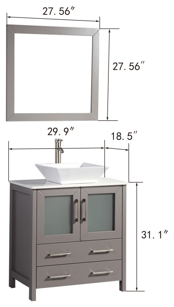 Vanity Art Vanity Set With Vessel Sink, Gray, 30", Led Sensor-Switch Mirror