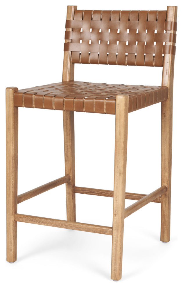 Shane Brown Wood With Woven Brown Leather Counter Stool