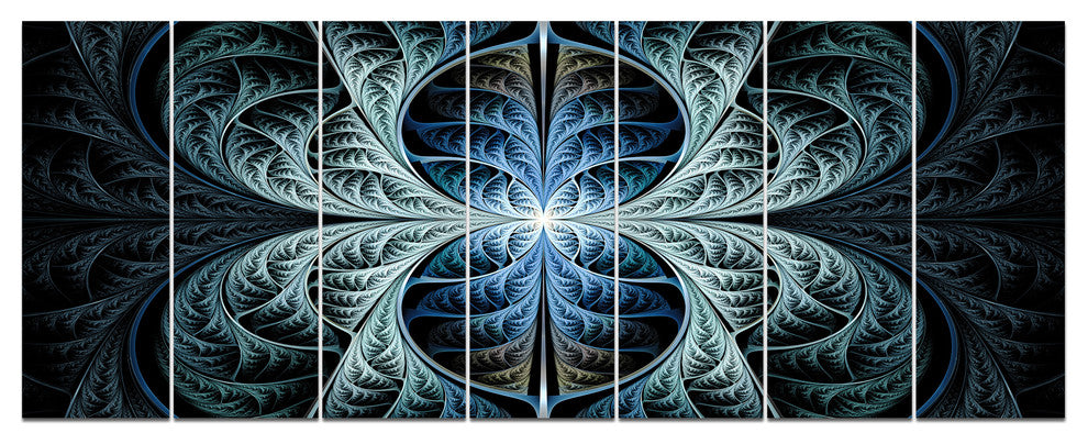 Glowing Blue Fabulous Fractal Art, Abstract Canvas Art Print, 83"x32", 7 Panels