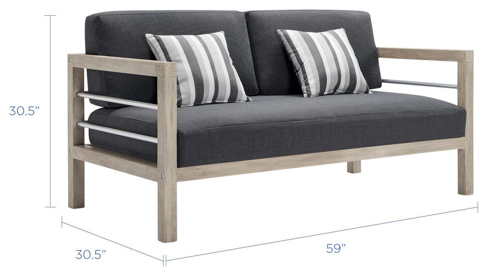 Lounge Loveseat Sofa, Wood, Gray, Outdoor Patio Balcony Cafe Bistro Garden