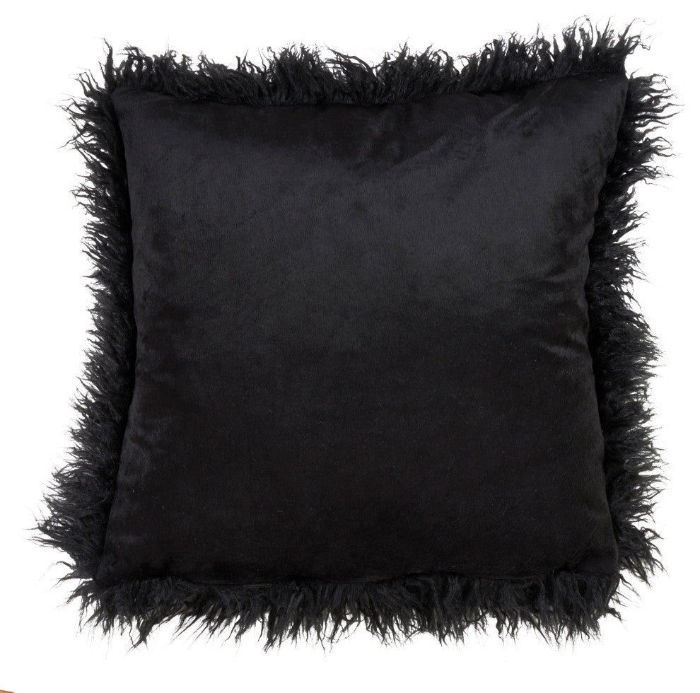 Poly Filled Mongolian Faux Fur Throw Pillow, 18"x18", Black