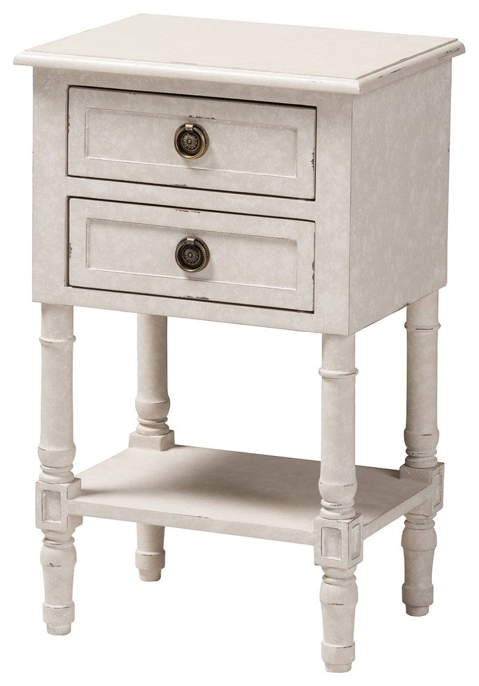 Lenore Country Cottage Farmhouse Whitewashed 2-Drawer Nightstand