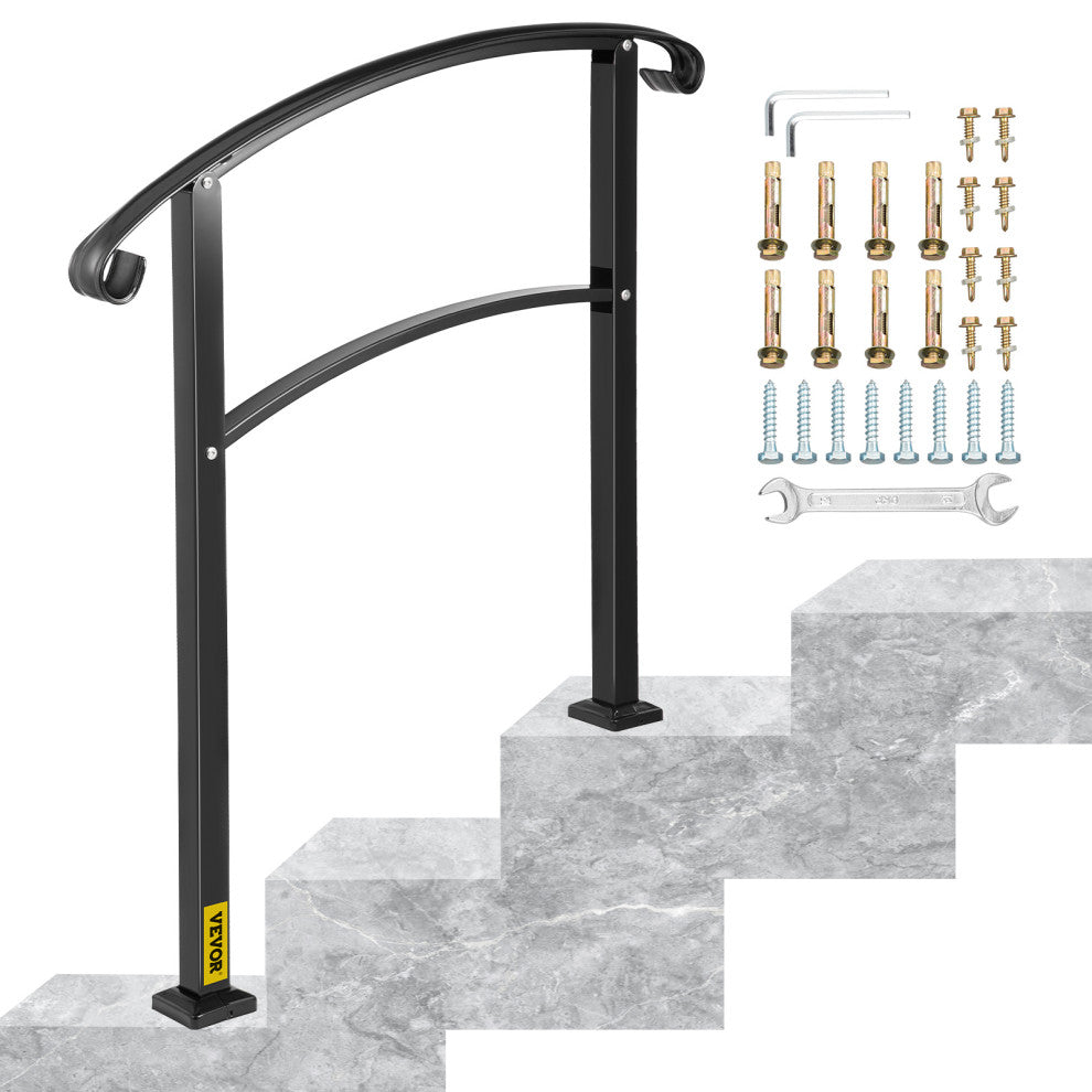 Wrought Iron Handrail Outdoor Stair Rail with Installation Kit, Black, Fit 3 Steps