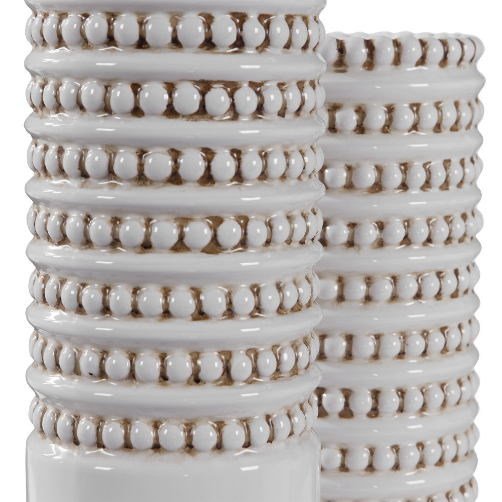 MidCentury Modern Beaded Aged White Vase 2-Piece Set Taupe