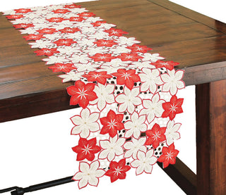 Candy Cane Poinsettia Embroidered Cutwork Christmas Table Runner, 15''x54''