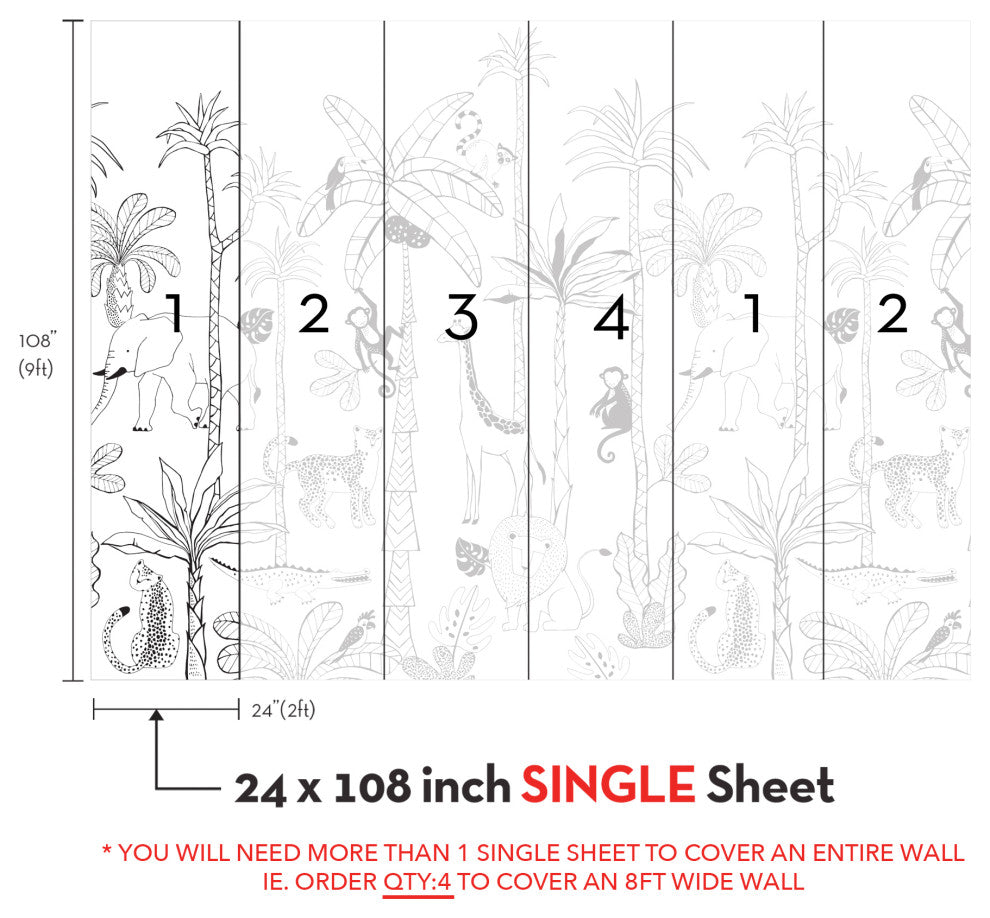 Safari Jungle Illustration Peel and Stick Vinyl Mural, Black, 24"x108", Single