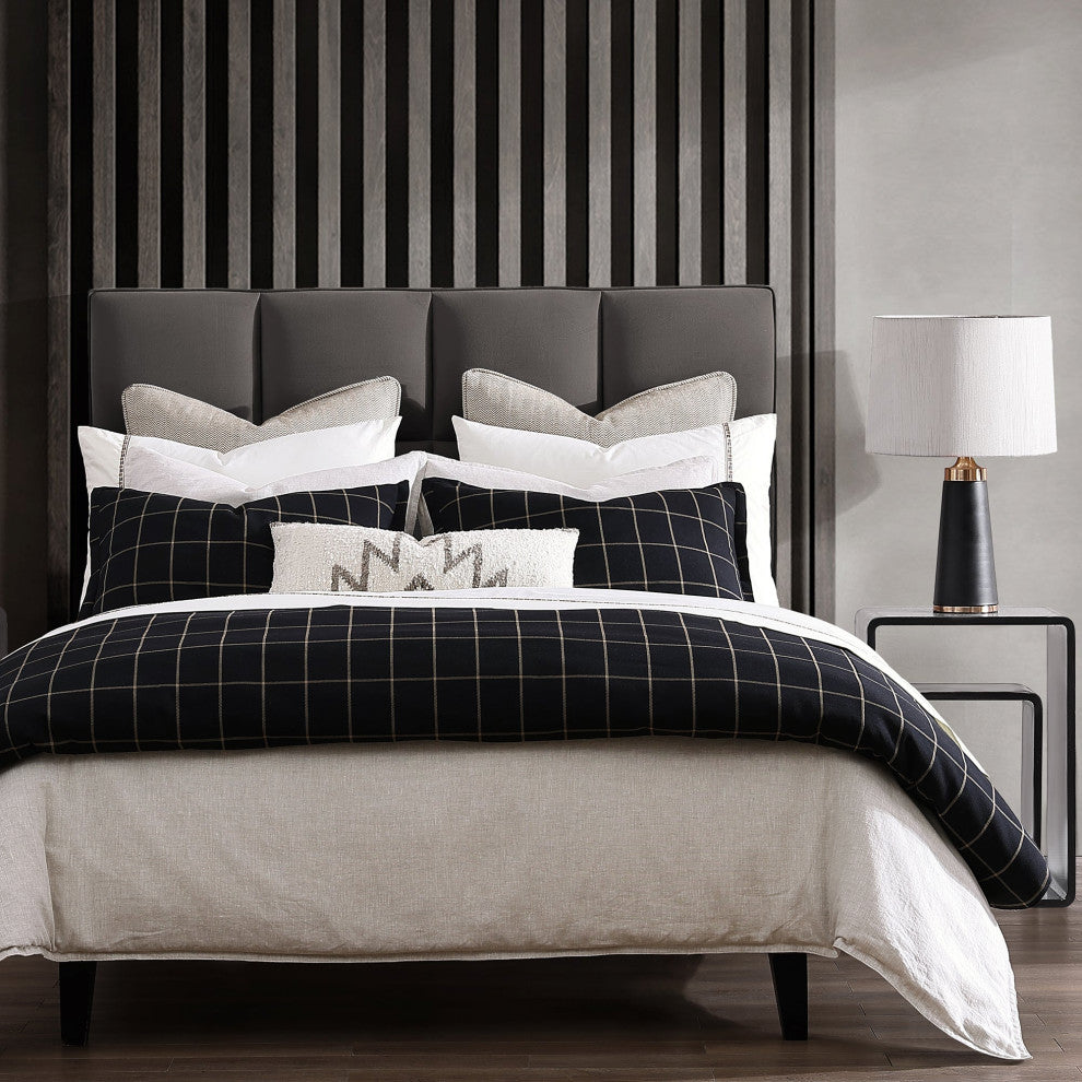Windowpane Plaid Duvet Cover Set, 3PC, Black, Super Queen