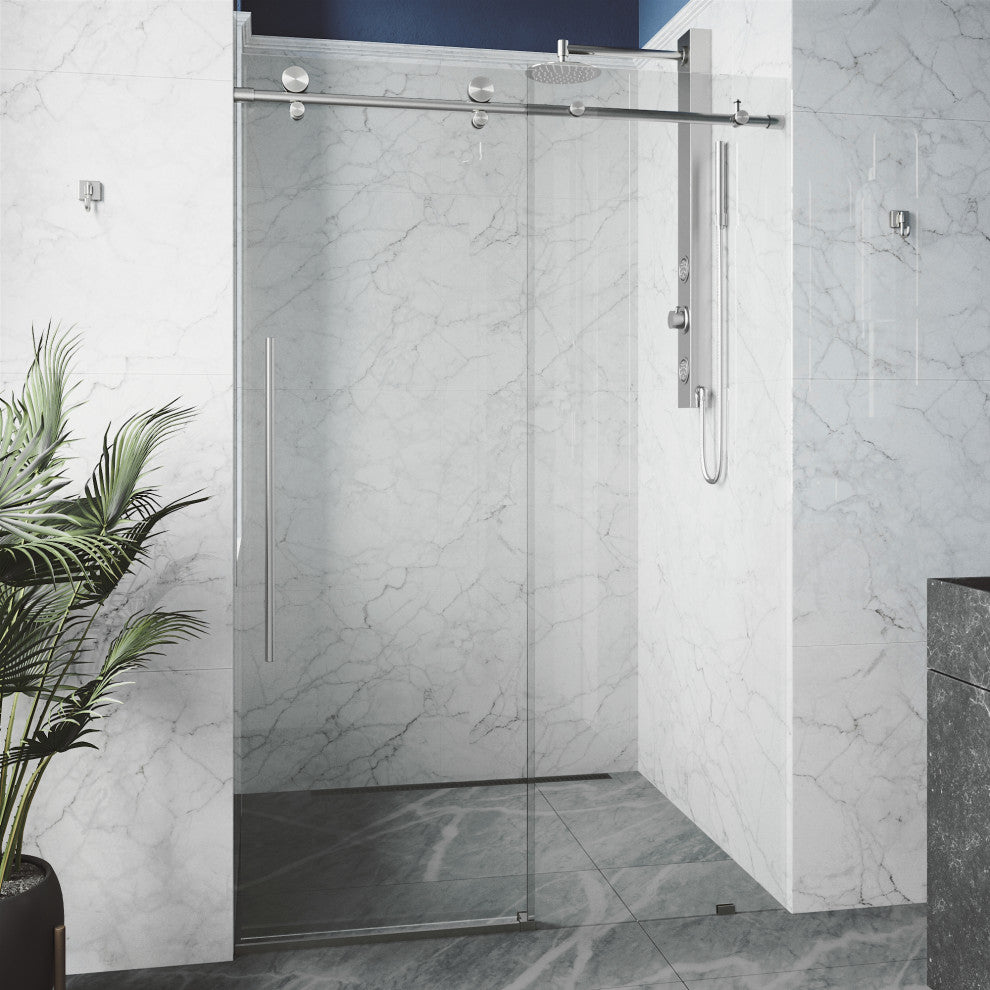 VIGO Elan E-Class 68" to 72" W x 76" H Frameless Sliding Shower Door, Stainless Steel, Clear Glass