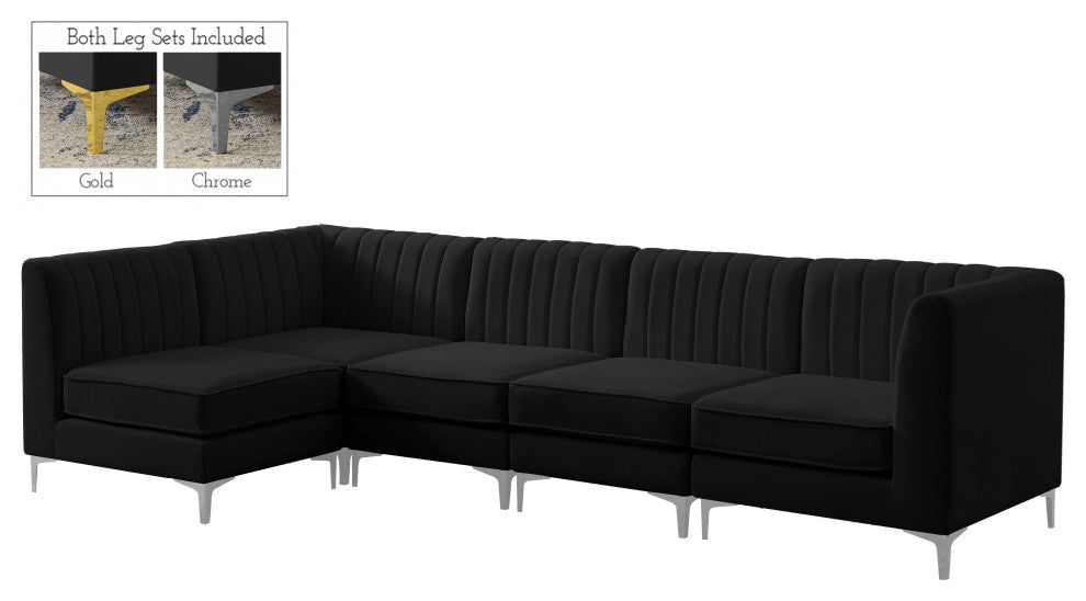 Alina Velvet Modular L-Shaped Modular Sectional, Black, 5-Piece: 3 Armless Chair, 2 Corner Chair