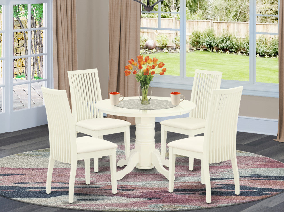 5Pc Dining Set Includes Round Dining Room Table, Four Seat Dining Chairs, White