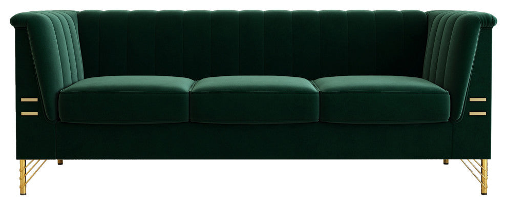 83.4'' Tuxedo Velvet Arm Sofa with Gold Leg, Green