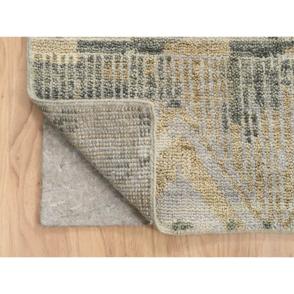 Gray, Erased Ethnic Geometric Design, Pure Wool Hand Knotted Rug, 9'9" x 13'10"