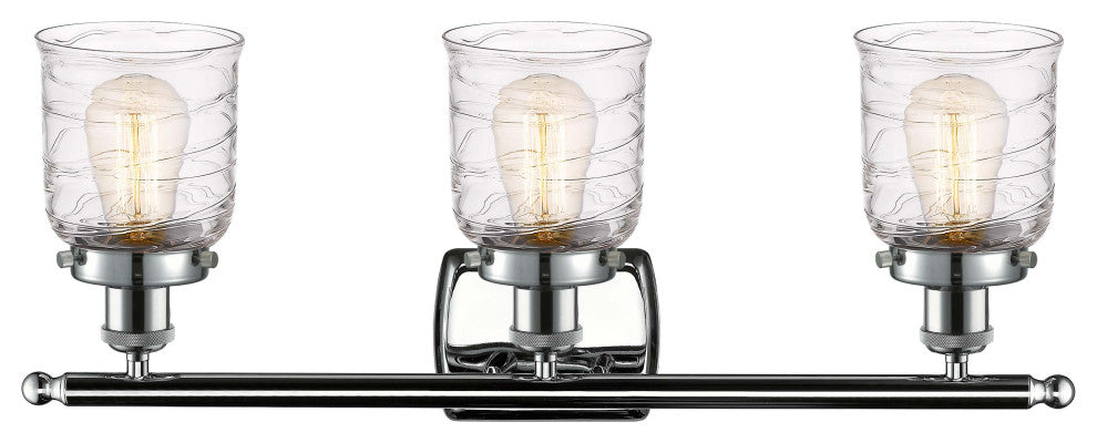 Small Bell 3 Light Bath Vanity Light, Polished Chrome, Deco Swirl
