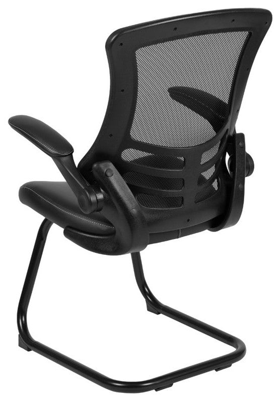 Black Mesh Sled Base Side Chair-White Stitched LeatherSoft Seat & Flip-Up Arms