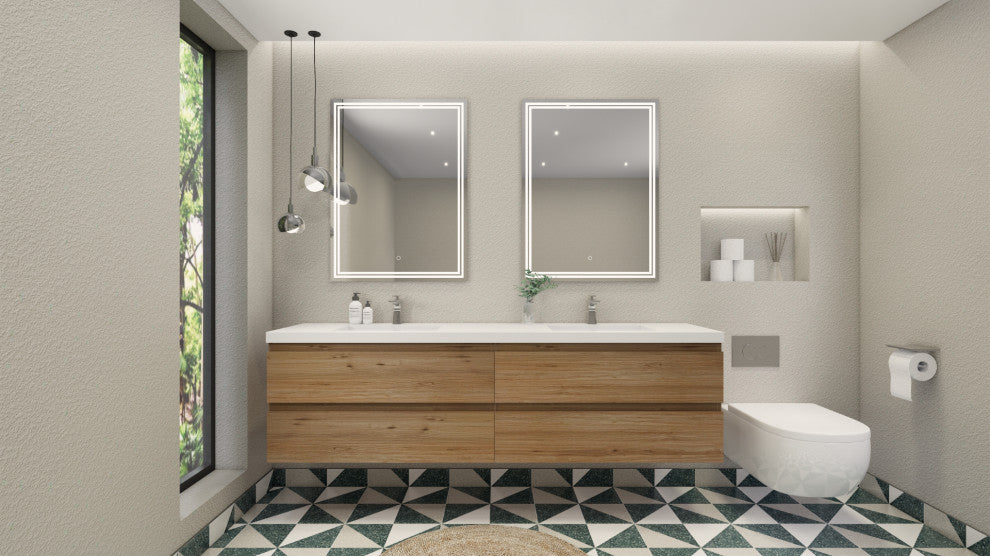 Belli 84" Double Sink Wall Mount Vanity Set, Natural Oak, Glossy White Top