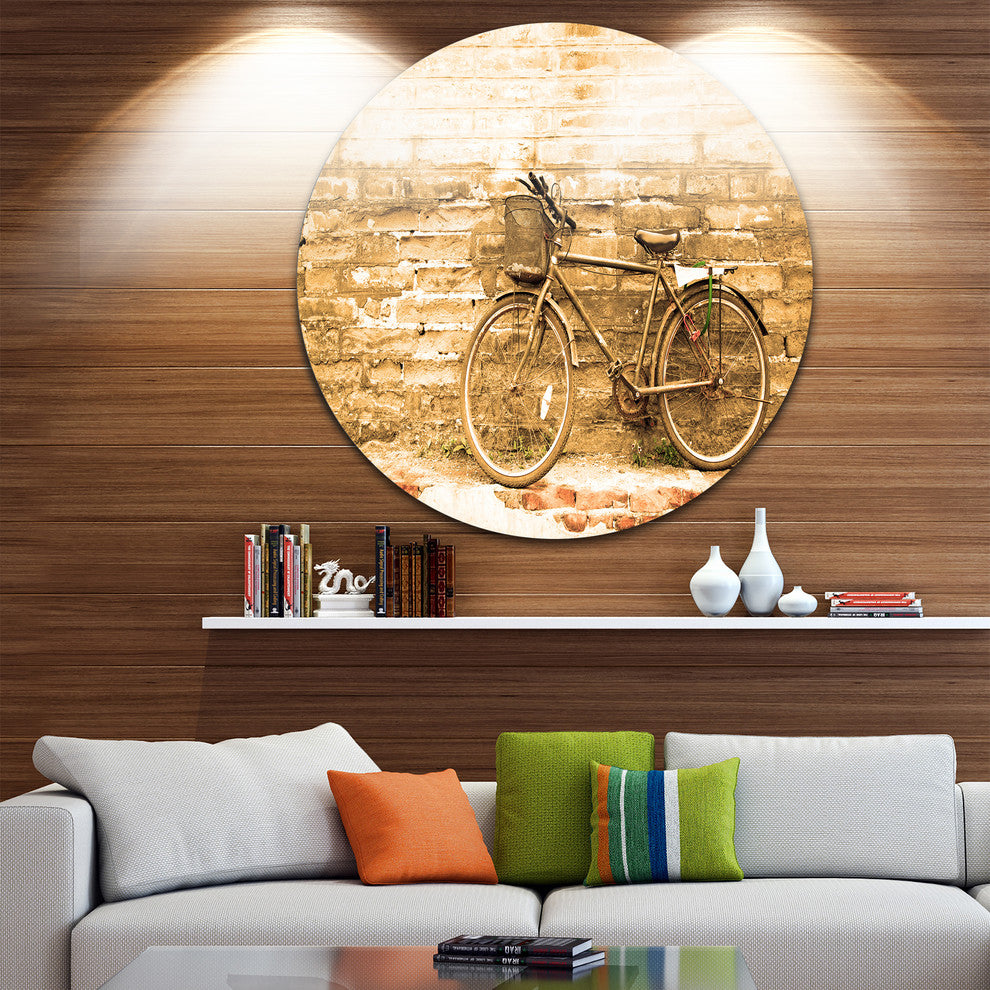 Vintage Bicycle Against Brown Wall, Landscape Disc Metal Wall Art, 23"