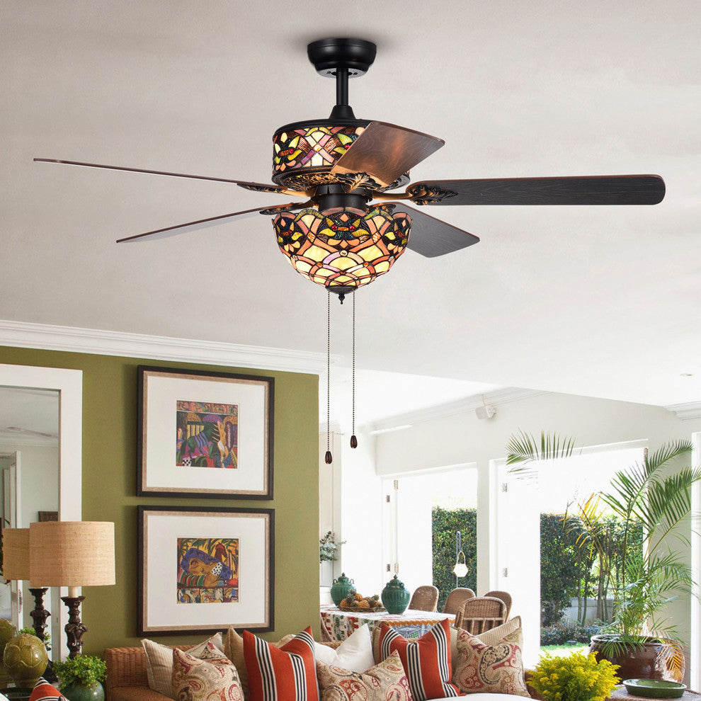 Kalsti 6-Light Lily Tiffany 5-Blade 52" Matte Black Ceiling Fan